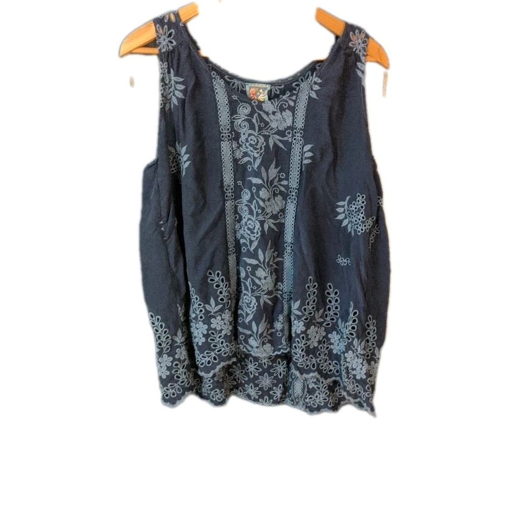 Johnny Was Navy Blue Floral Embroidered Tank Top - Picture 5 of 13